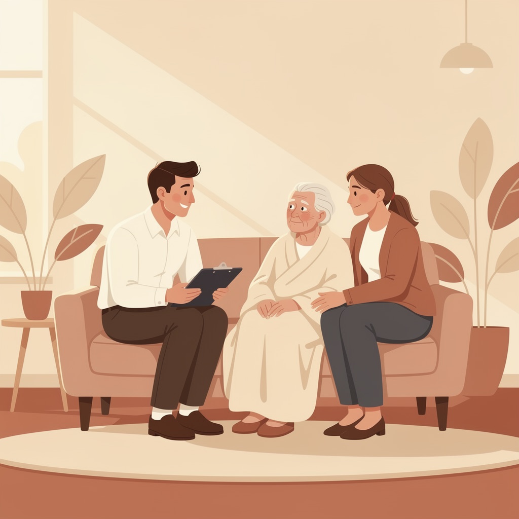 Illustration: Eine Pflegekraft im ruhigen Gespräch beim Hausbesuch – Mitarbeiterbindung im ambulanten Pflegedienst.