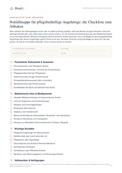 Vorschau der Vorlage Notfallmappe für pflegebedürftige Angehörige