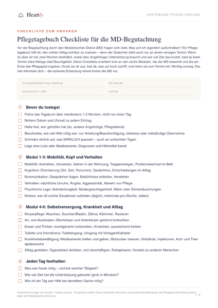 Vorschau der Vorlage Pflegetagebuch Checkliste für die MD-Begutachtung